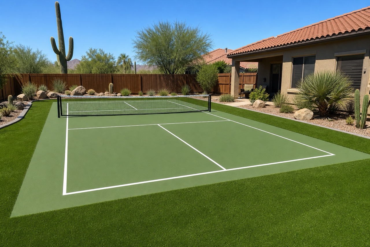 Dedicated backyard pickleball court with clear boundary and net