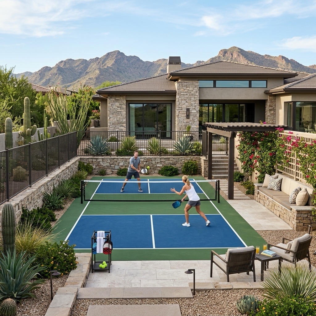 Compact backyard pickleball court installed by Dink Pro Courts