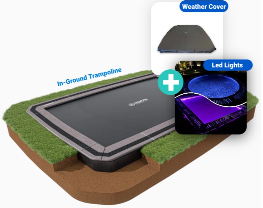 17ft x 12ft North Inground Trampoline Bundle With LED kit and weather cover