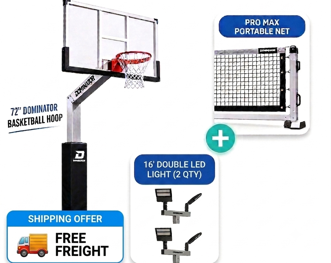 The Ultimate Pro-Conversion Court Bundle (72″ Dominator Basketball Hoop + Pro Max Portable Net + 16′ Double LED Light)
