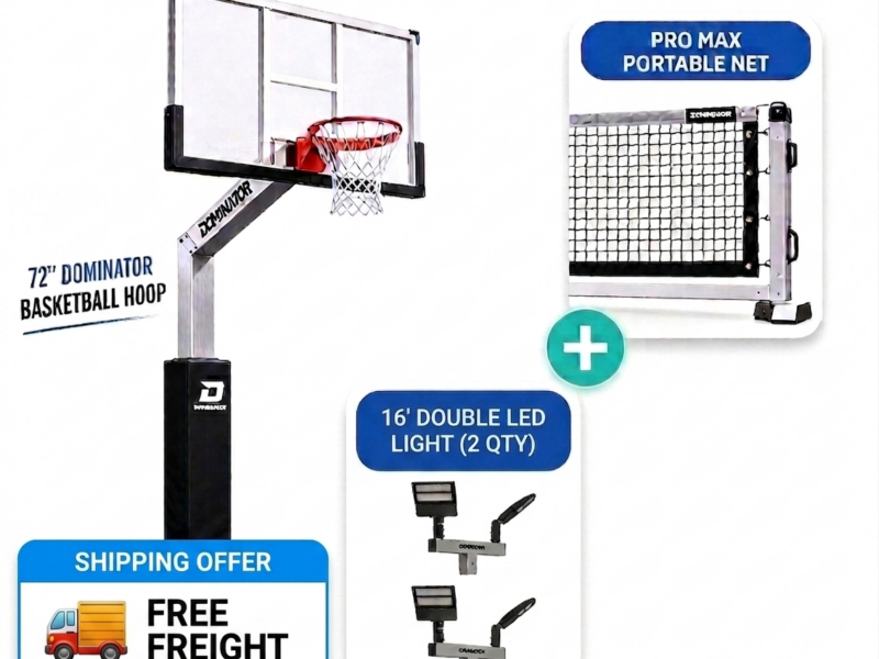 The Ultimate Pro-Conversion Court Bundle (72″ Dominator Basketball Hoop + Pro Max Portable Net + 16′ Double LED Light)