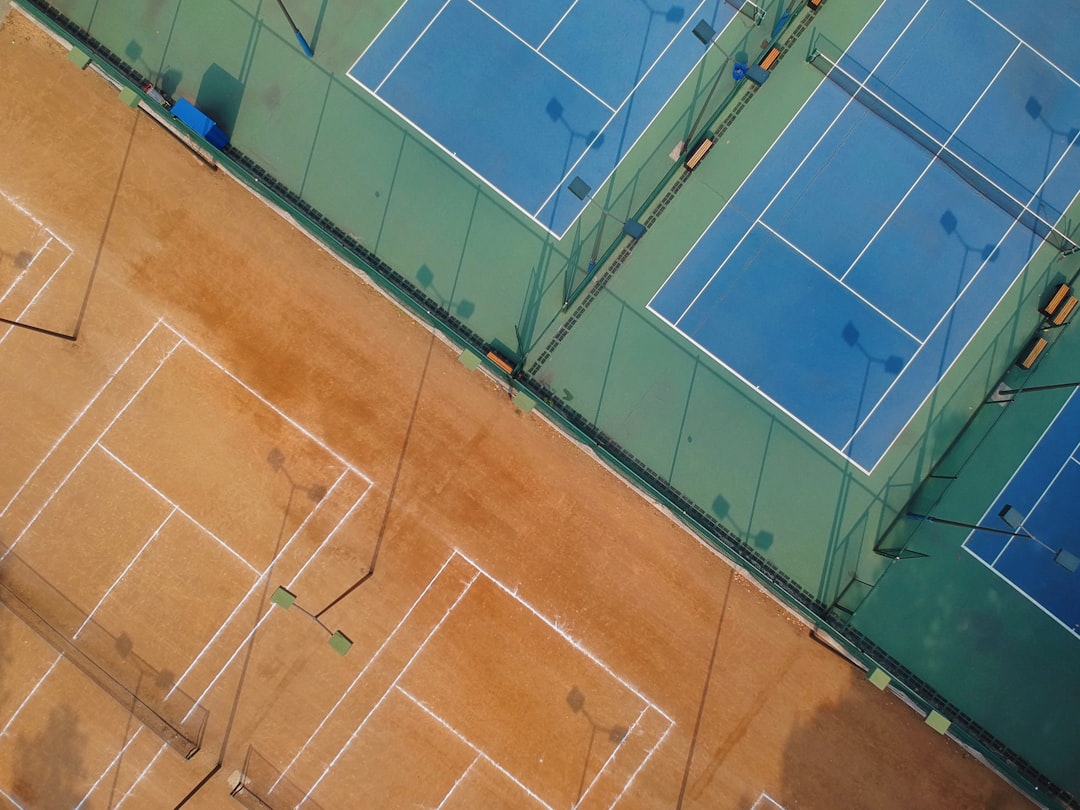 Aerial view of a court showing the non-volley zone kitchen and net placement