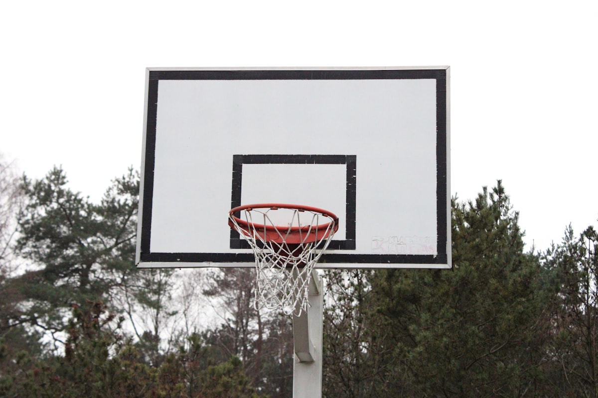 In-ground basketball hoop installed at the edge of a backyard court