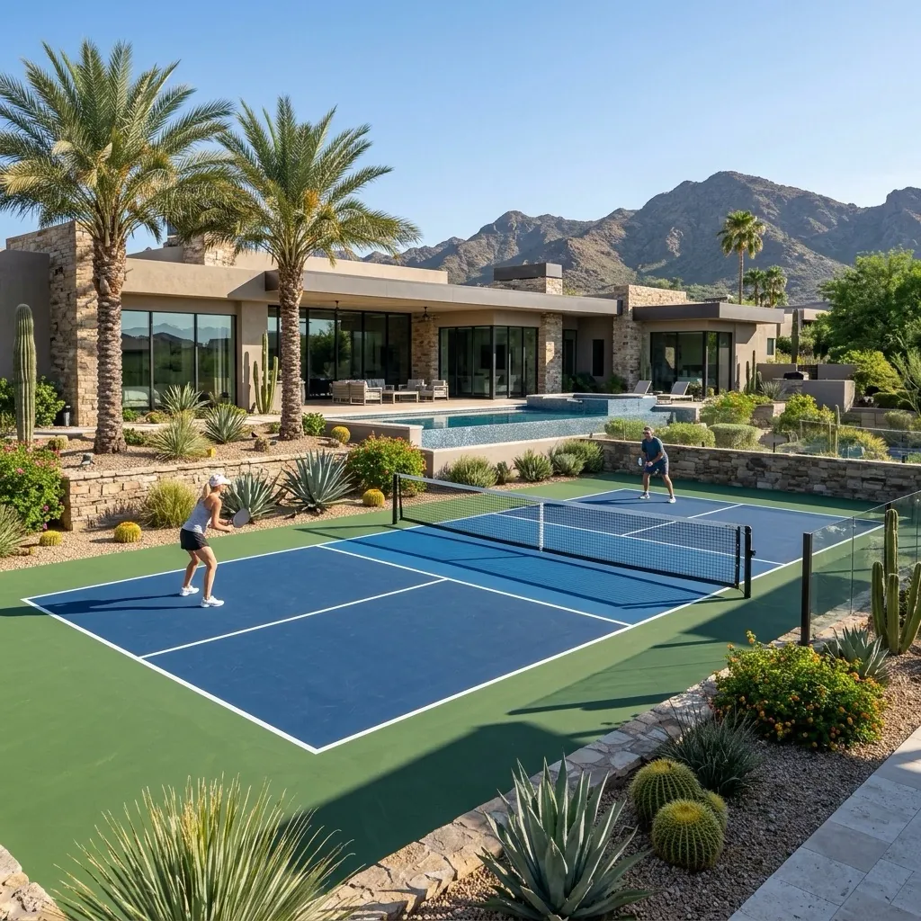 Pickleball court beside a backyard pool with palm trees and desert landscaping in Arizona