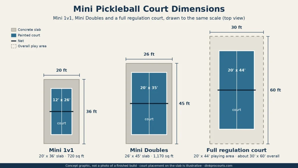 Concept graphic: mini pickleball court dimensions, Mini 1v1 court on a 20x36 ft slab and Mini Doubles court on a 26x45 ft slab next to a full regulation court